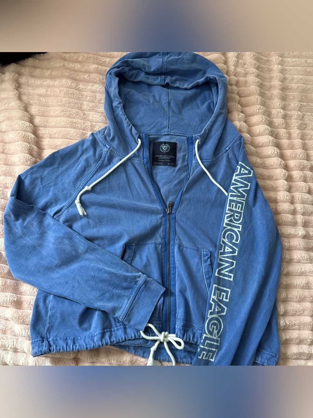 American Eagle Outfitters Vintage Blue Hooded Zip Jacket with Sleeve Logo